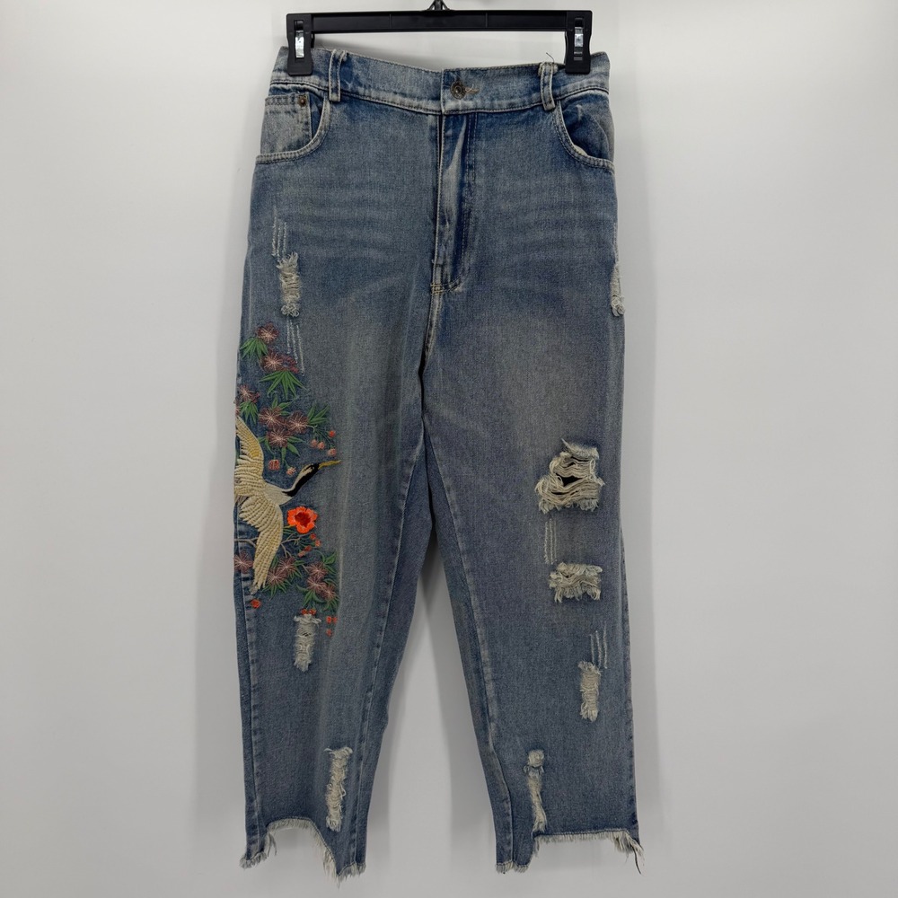BRLN High Waisted Distressed Embroidered Crane Jeans Light Wash Blue Size M